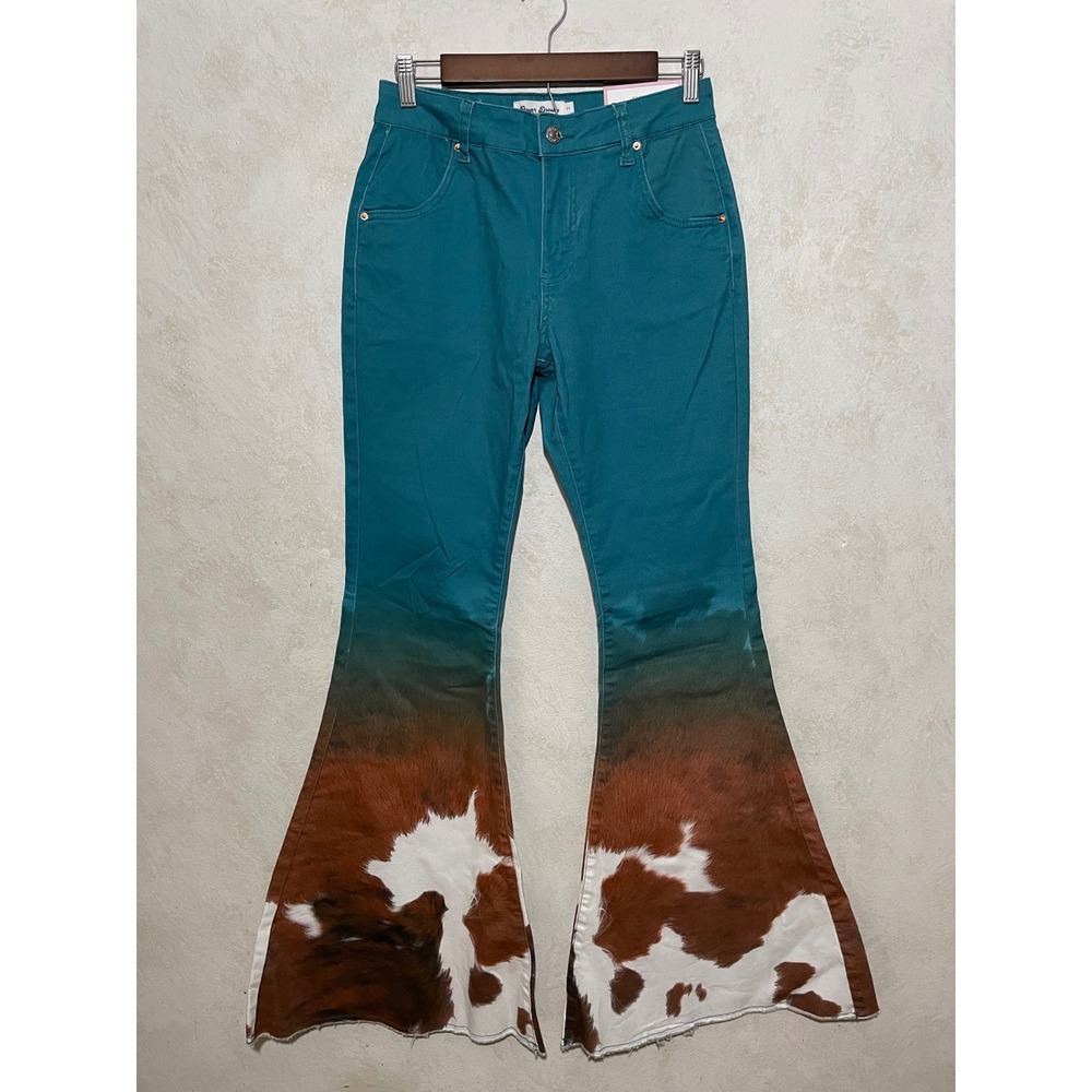 Ranch Dress'n Super Flare Teal Cow Print Ombre High Rise Jeans Size 2 34 Inseam